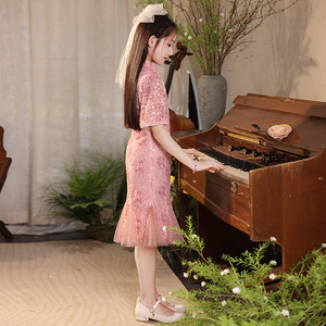 儿童主持人礼服女童夏季鱼尾旗袍连衣裙女孩走秀钢琴演奏表演出服