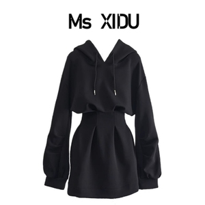 Ms XIDU 黑色辣妹显瘦高级感小个子连衣裙收腰卫衣裙秋冬裙子短裙