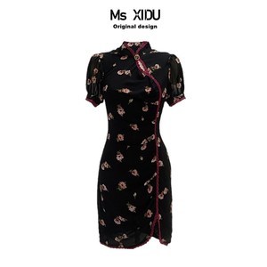 Ms XIDU 复古酱玫红美姬旗袍少女年轻夏季新款修身低开衩日常改良