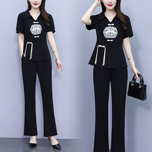新中式休闲套装女士2024夏装国风刺绣时尚职业女装衬衣长裤两件套
