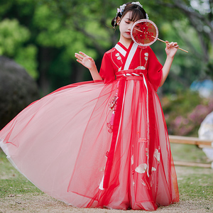中国风女童汉服夏装2024新款儿童古装超仙红色宝宝唐装襦裙夏季女