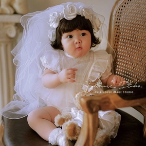 儿童摄影复古发箍头纱白色礼服搭配头饰周岁拍照道具欧式Vintage