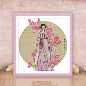 汉服美女十字绣粉色古典中国风小幅卧室刺绣画古代女孩粉黛装饰画