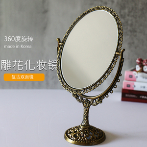 韩国进口台式桌面化妆镜铜镜免打孔椭圆玫瑰旋转复古梳妆台大镜子