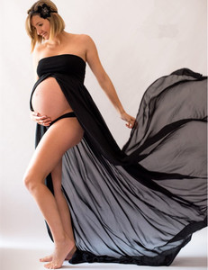 孕妇拍照抹胸雪纺连衣裙 大肚照拍摄写真前开叉拖地长裙外贸