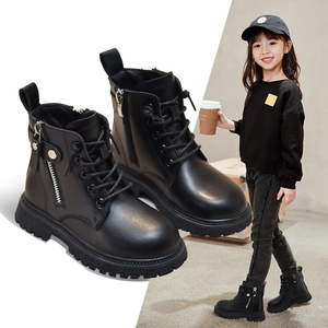 女童马丁靴2023年秋冬季新款黑色加绒短靴儿童潮酷靴子女孩皮靴潮