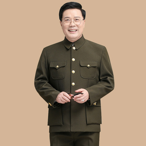 军绿中山装男套装中老年中山服老式服装秋冬季爷爷爸爸老年人衣服
