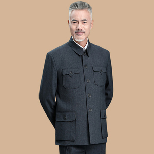 中老年中山装男套装老式中山服加绒外套老人春秋冬季爷爷爸爸服装