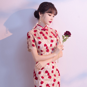 苏州羽姚婚纱礼服公司淘宝粉色旗袍2022年夏款女民国风苎麻文艺复古