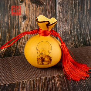 妙艺堂天然葫芦福袋三不小和尚手工烙画储物挂件摆件图案可定制
