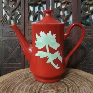 文革唐山陶瓷茶壶喷彩珊瑚红花卉古董老瓷器茶具摆件摄影道具民俗