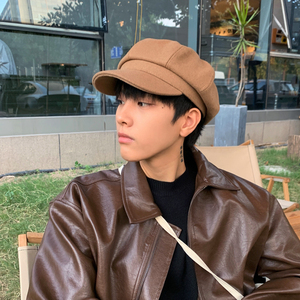 帽子男冬季日系百搭毛呢纯色八角帽英伦贝雷帽报童帽复古画家帽潮