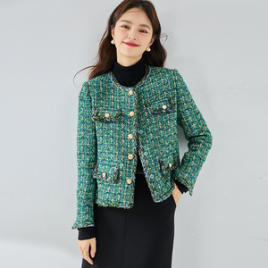 2023年秋冬新款妮子大衣外套修身型韩版圆领纽扣长袖绿色单排扣