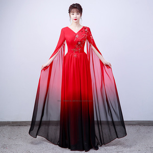 新款大合唱团演出服女长裙独唱古筝钢琴主持人礼服中国风高端大气