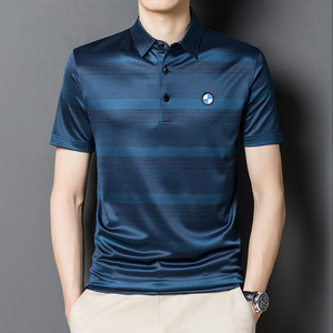 宝马2022夏季桑蚕丝男士条纹短袖t恤翻领薄款半袖青年男装polo衫