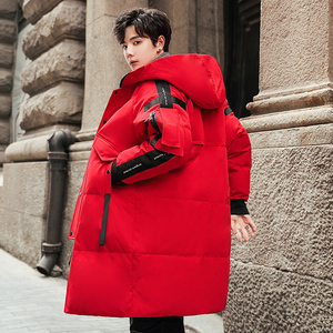 冬季大红色羽绒服男韩版潮流年轻中长款羽绒大衣帅气冬衣服波士顿
