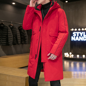 红色连帽中长款羽绒服男2021冬季新款潮流加厚白鸭绒外套奥宝爵559
