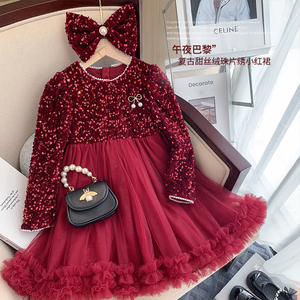 女童连衣裙秋冬新款洋气网红儿童亮片公主裙女孩红色蝴蝶结礼服裙