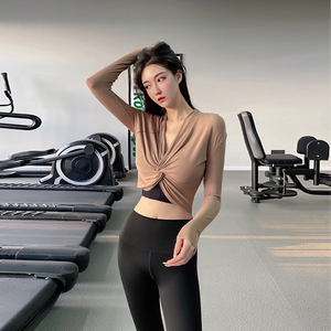 健身上衣女个性打结运动紧身衣专业跑步训练速干衣网红瑜伽服长袖