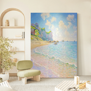 奶油风海边沙滩客厅装饰画莫奈风大海风景手绘油画肌理画玄关挂画