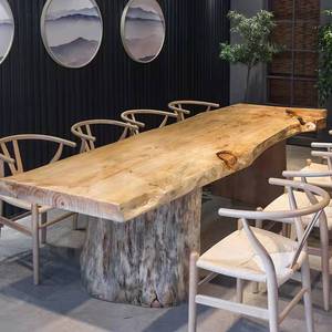 北欧原木大板餐桌实木办公桌工作台自然边长桌泡茶桌原木桌洽谈桌