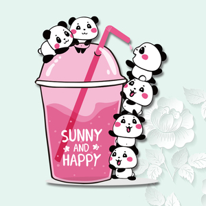 卡通动物可爱熊猫喝水果奶茶热转印烫画pet胶印膜可水洗高弹布贴