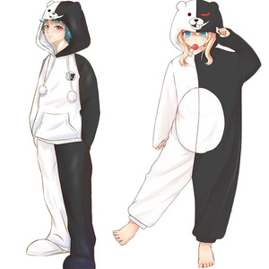 弹丸论破黑白熊动物连体情侣睡衣男卡通日本动漫秋冬家居服法兰绒