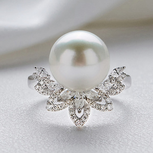 永妍珍珠 天然南洋澳白海水珍珠18k金钻石戒指高级皇冠奢华款