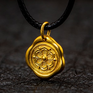 金米黄金印章金饼吊坠足金情侣颈饰女网红项链锁骨链藏式实心金印
