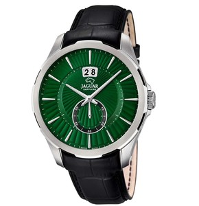 捷豹jaguar j682/2黑皮革不锈钢彩银绿低盘石英休闲男士手表腕表