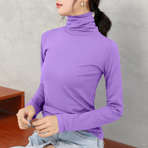 紫色高领长袖t恤女ins超火纯棉内搭上衣紧身堆堆领打底衫秋冬百搭