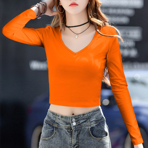 橙色露脐心机上衣设计感短款长袖t恤修身高腰橘色纯棉v领打底衫秋