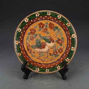 唐三彩瓷器雕刻花卉鸳鸯盘仿古瓷器古董古玩旧货老货收藏品