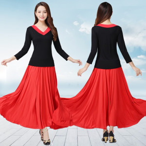 广场舞服装春秋中老年人运动健身长袖上衣长裙套装舞蹈演出服 黑