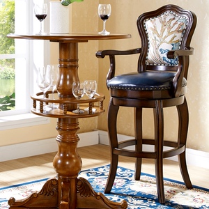 美式吧台椅欧式高脚凳家用实木酒吧椅复古旋转靠背椅真皮轻奢高椅