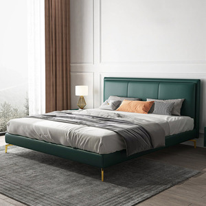 后现代轻奢真皮床1.8米双人床卧室家具婚床简约北欧墨绿色软包床
