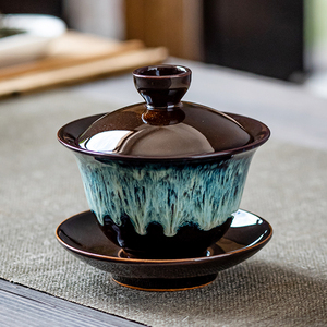 德化窑变砂金釉陶瓷盖碗家用单个复古大号茶碗功夫茶具粗陶茶杯