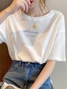 韩国纯棉t恤女夏季短袖打底衫2024新款小众圆领白色宽松锁骨上衣