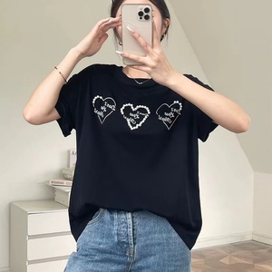 韩国2024夏季新款短袖T恤女时尚圆领字母珍珠爱心气质时尚上衣潮