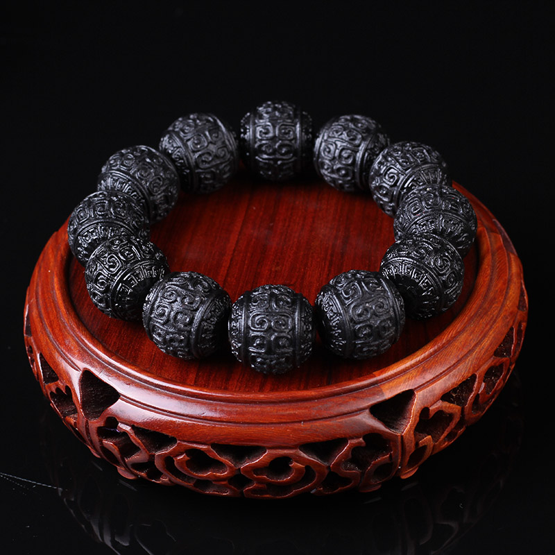 西藏天然黑牛角圆珠雕刻回纹珠佛珠手串20mm男款角质品文玩手链