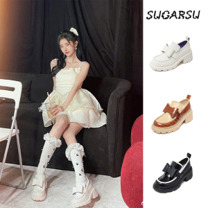 鞠婧祎同款sugarsu酥履蝴蝶结圆头厚底乐福鞋撞色粗跟单鞋21木兰