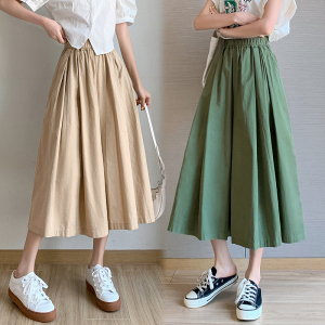 卡其色裤裙女夏季薄款宽松裙裤工装七分裤女裤子高腰休闲裤阔腿裤