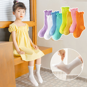 女童袜子夏季薄款纯棉儿童中筒袜宝宝网眼袜糖果色韩国洋气堆堆袜