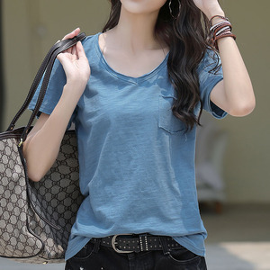 纯棉短袖t恤女宽松大码鸡心领口袋半袖v领上衣夏季韩版体桖t桖潮