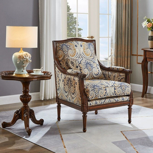 美式客厅休闲沙发椅法式单人提花面料老虎椅欧式实木复古卧室单椅