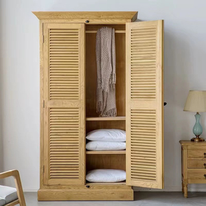 美式橡木实木百叶门天地锁家用卧室双开门独立衣柜家具收纳柜子