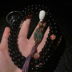 正宗西藏老羊角佛珠手链项链全黑角质文玩108颗男款手串毛衣链