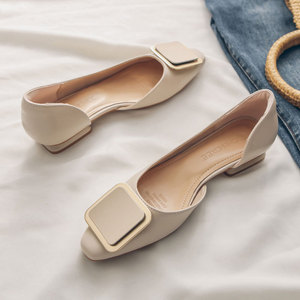 香港低跟单鞋女夏季侧空方头浅口粗跟瓢鞋真皮方扣新款奶奶鞋女鞋