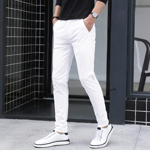 夏季白裤子男士白色休闲裤修身纯白色长裤学生潮流男青年小脚裤棉