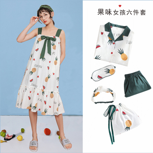 睡衣女夏季睡裙薄款纯棉菠萝六件套学生宽松可爱韩版可外穿家居服